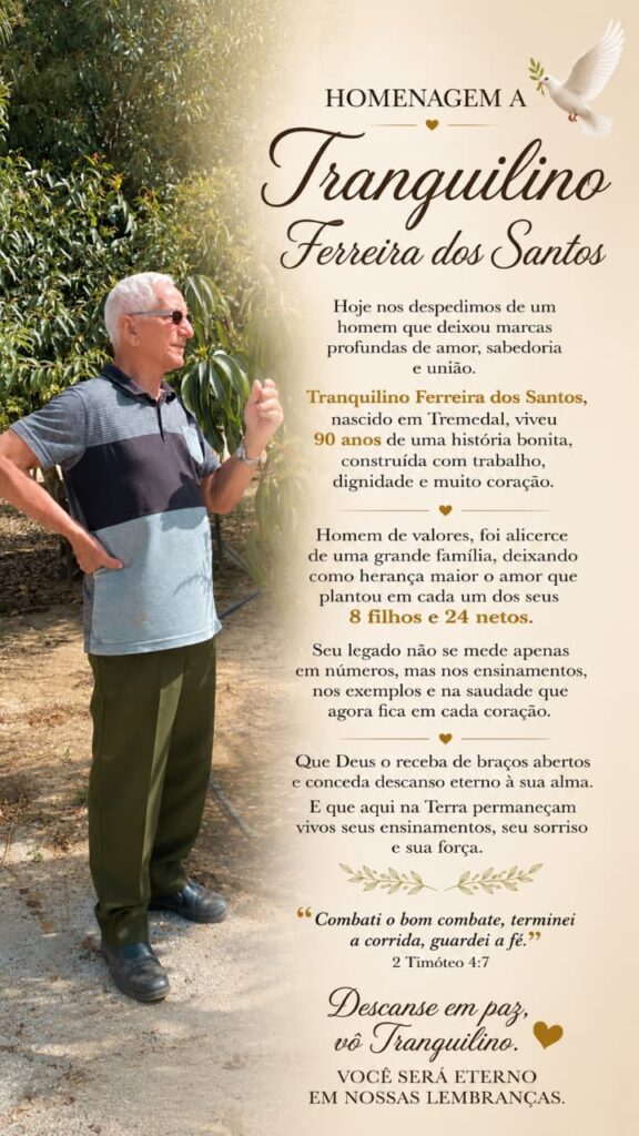 Tranquilino Ferreira dos Santos deixa legado de amor e união aos 90 anos