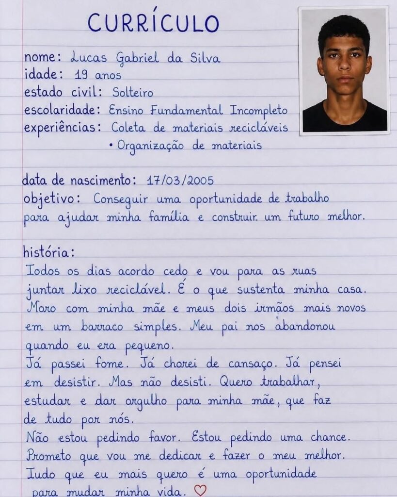 Currículo escrito à mão emociona: a história inspiradora de Lucas Gabriel