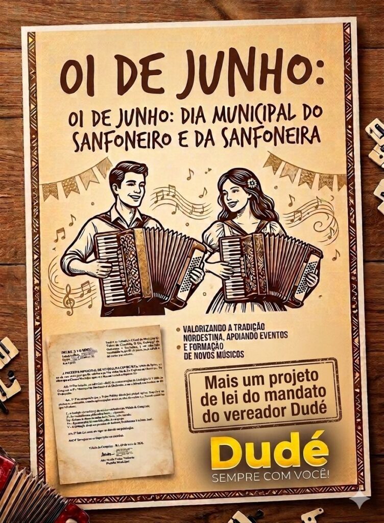 Dudé fortalece a cultura nordestina com a criação do Dia Municipal do Sanfoneiro e da Sanfoneira