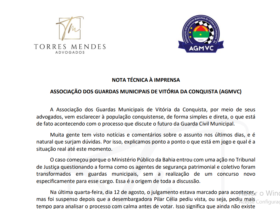 Associação dos Guardas Municipais se manifesta sobre processo que discute futuro da corporação em Vitória da Conquista