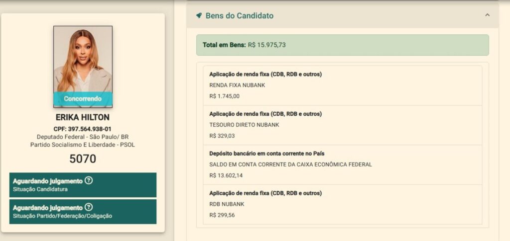 Erika Hilton declara R$ 15 mil em bens, mas recebe mais de R$ 40 mil por mês